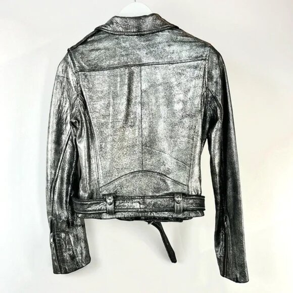 IRO Brooklyn Silver Metallic Leather Moto Jacket - Picture 2 of 10